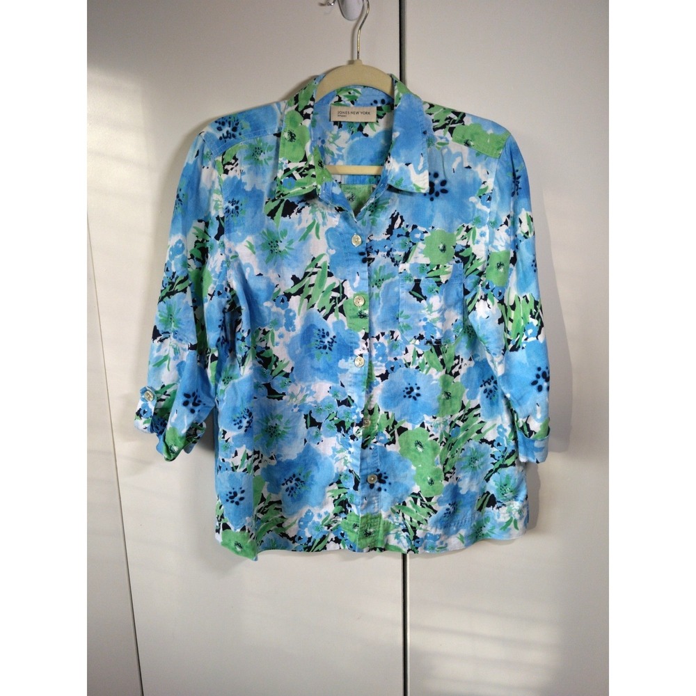 Women's Linen Button Front Floral Top Size L Watercolor Coastal Resort Tropical